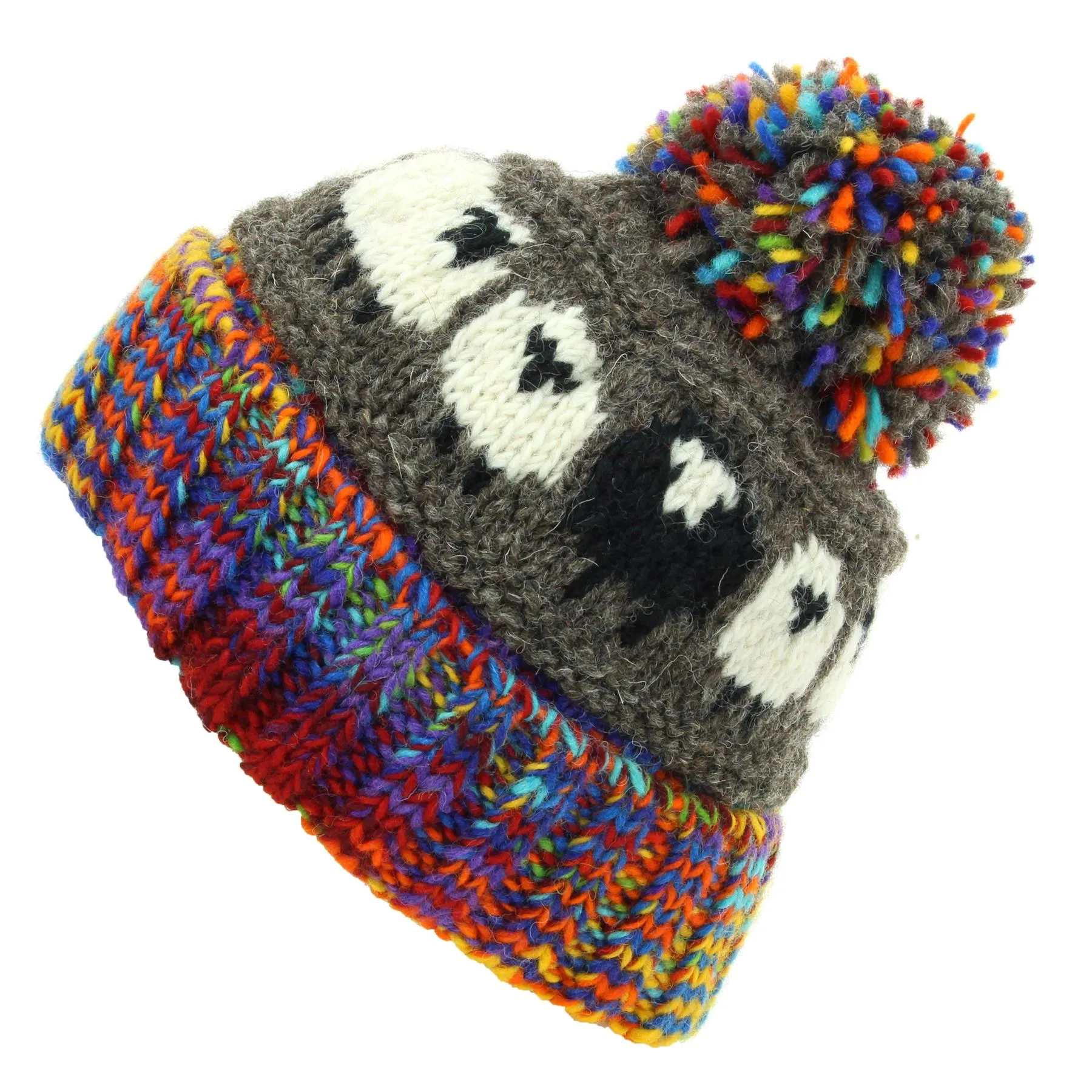 Wool Knit Bobble Beanie Hat - Sheep - Grey Rainbow