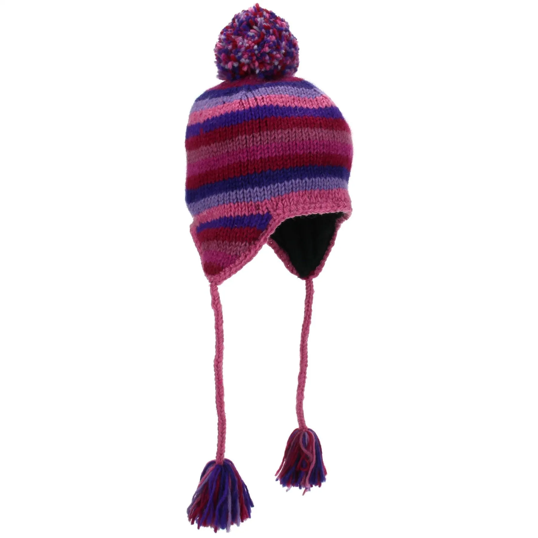 Wool Knit Earflap Bobble Hat - Stripe Pink Purple