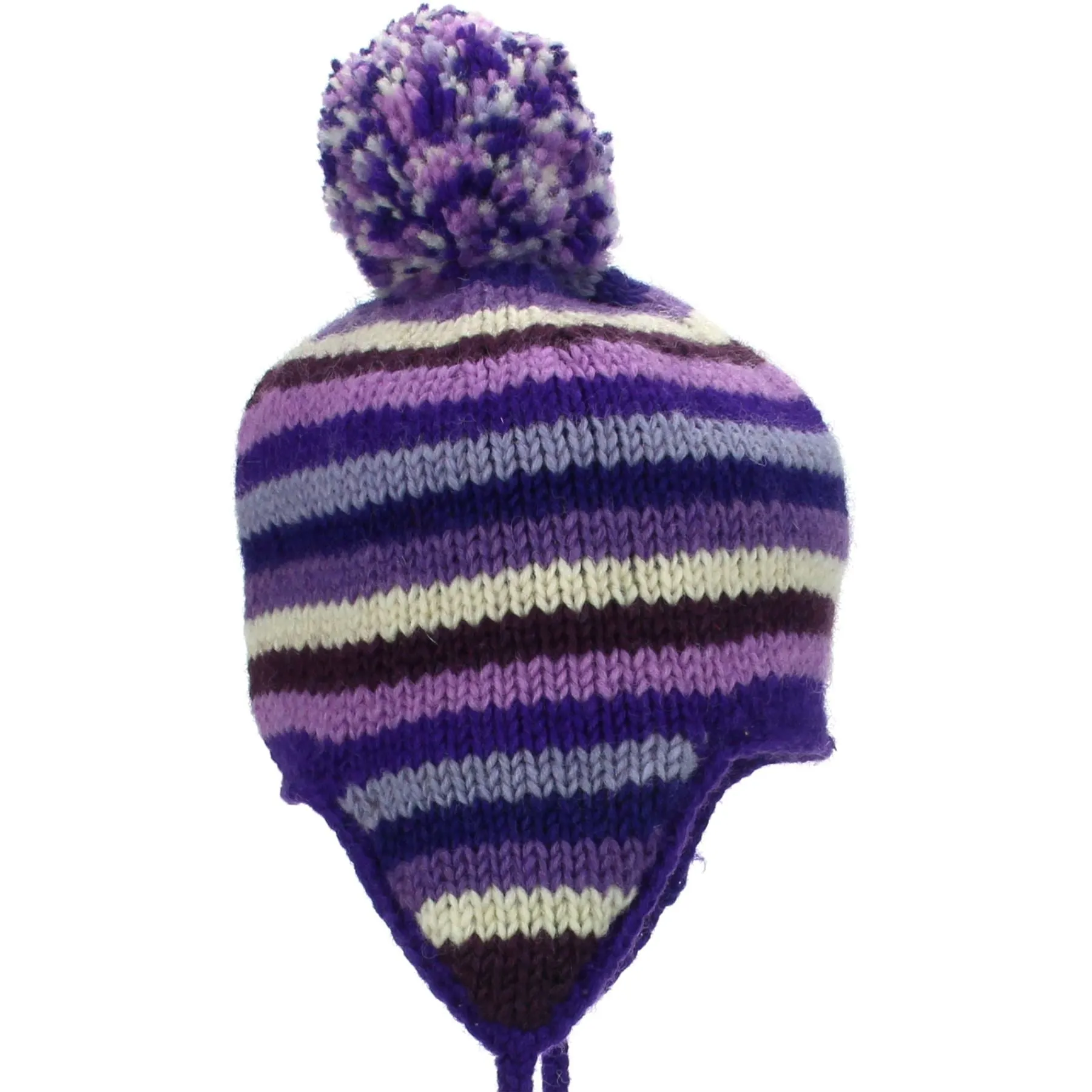 Wool Knit Earflap Bobble Hat - Stripe Purples