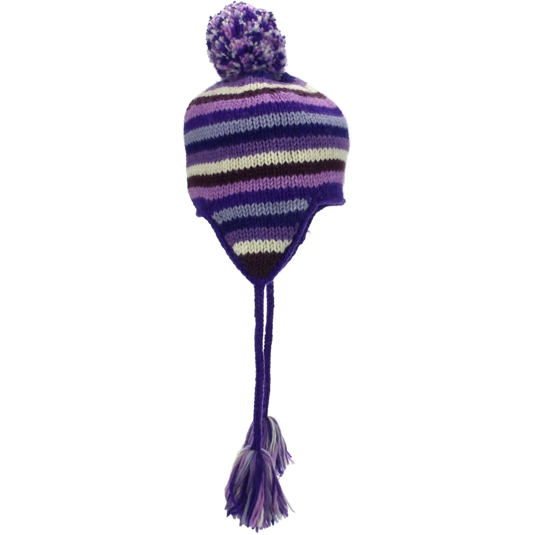 Wool Knit Earflap Bobble Hat - Stripe Purples