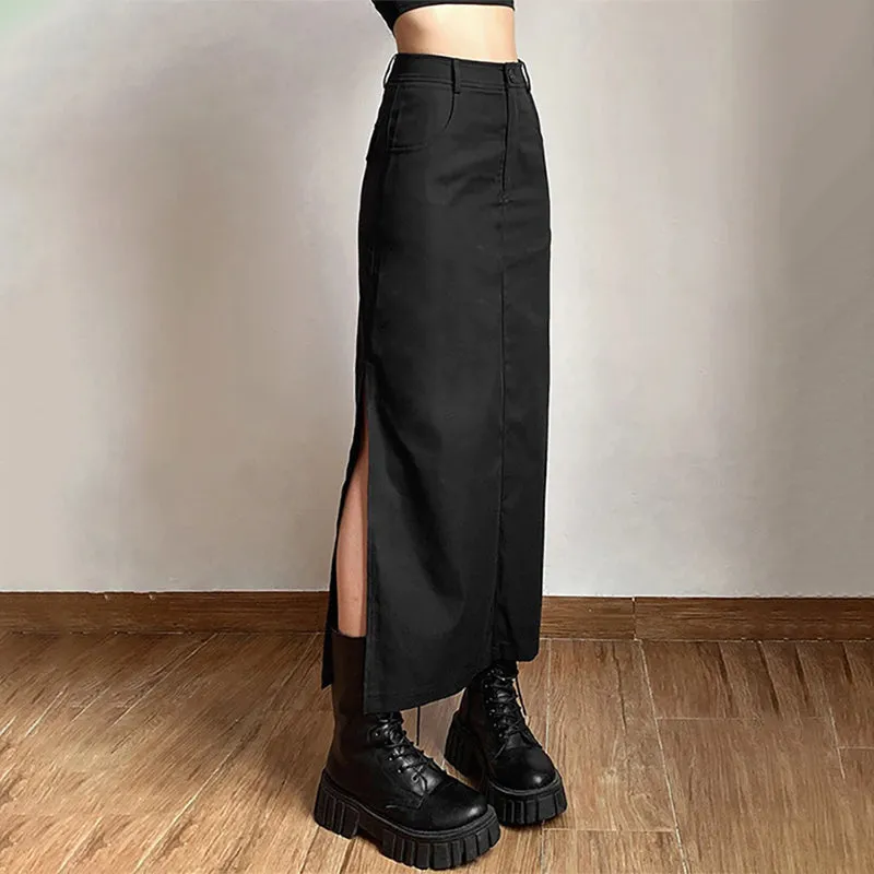 Y2K Gothic Grunge Long Black Ankle-Length Slit Skirt