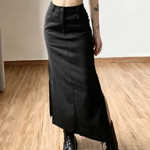 Y2K Gothic Grunge Long Black Ankle-Length Slit Skirt