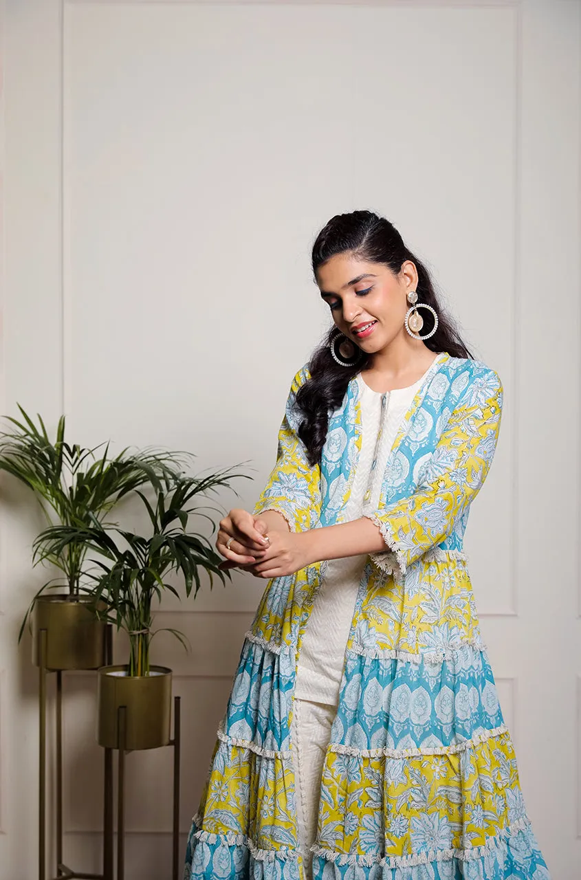 Yellow and Blue Printed Mul Tiered Jakcet With Inner & Tulip