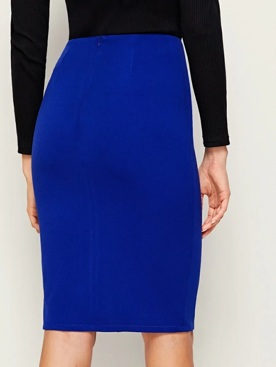 Zip Back Split Blue Pencil Skirt